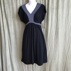 DKNY Black Midi Dress with Gray V-Neck and Waistband